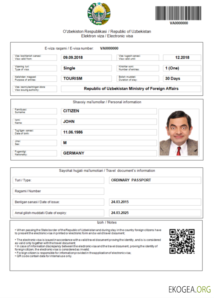 Visa électronique pour l'Ouzbékistan en modèle Word et PDF